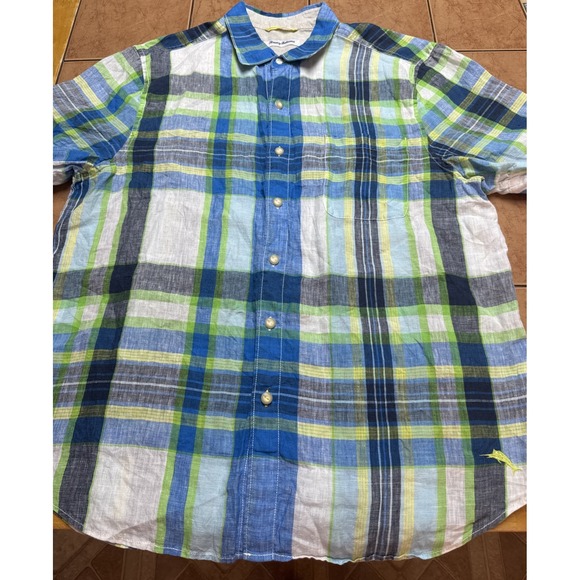 Tommy Bahama 100% Linen Shirt Short‎ Sleeve Button Down Multi Color Plaid Large - Picture 1 of 7